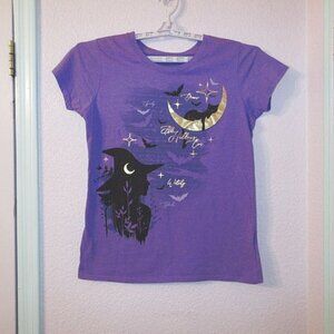 Witch T-Shirt Size L Moon Bat Cat Gold Foil Halloween All Hallows Eve Whimsigoth